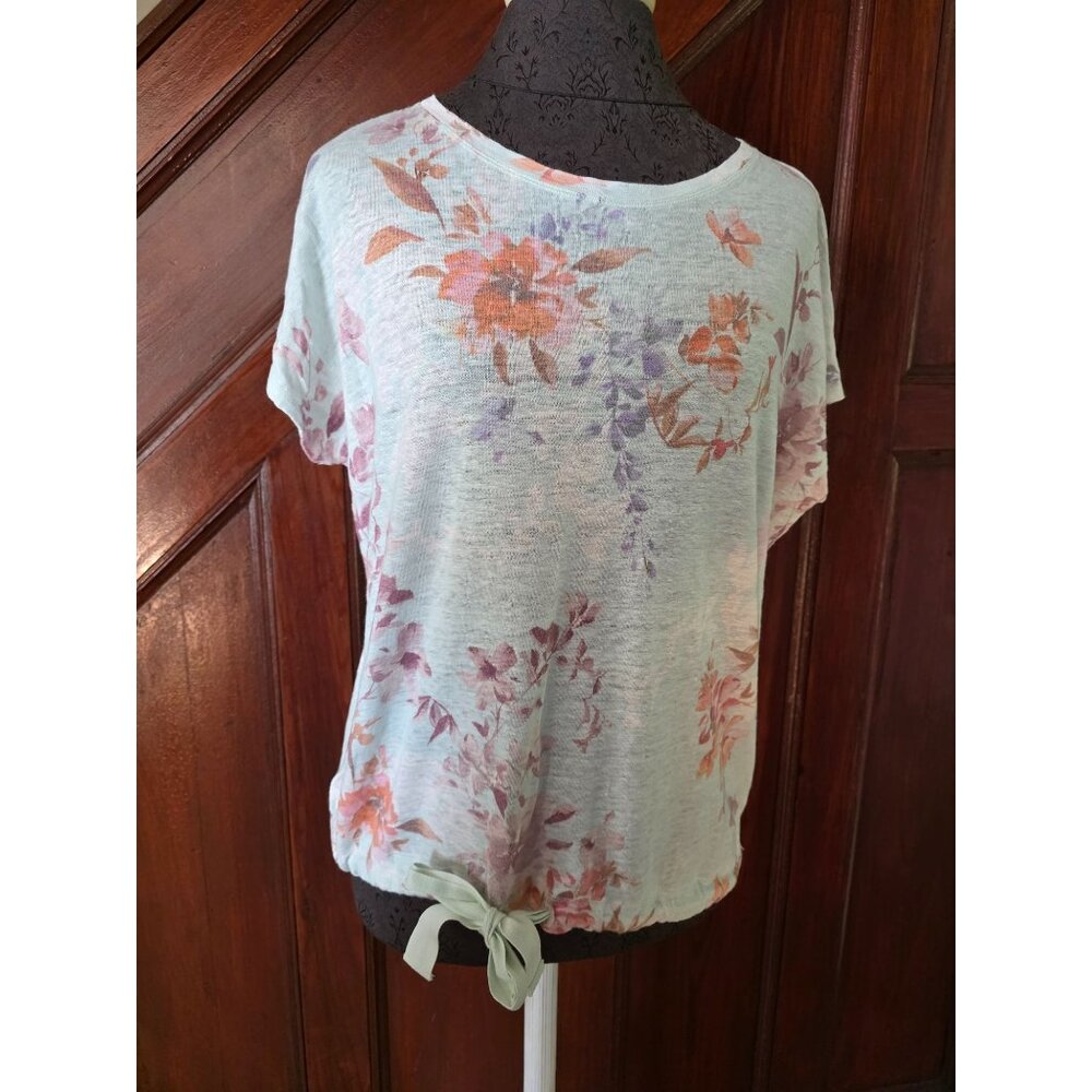 Sundance Womens Floral Short Sleeve Top Tie Hem S Linen